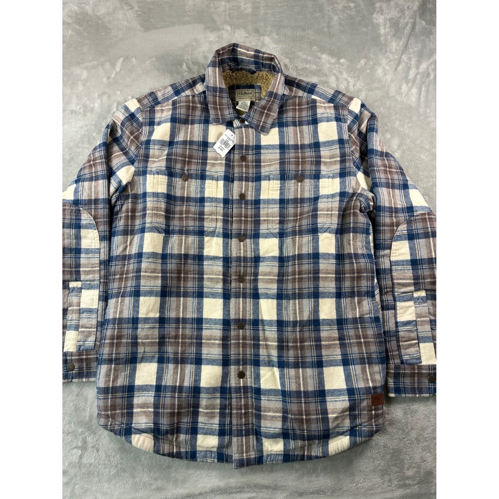LL Bean Mens Sherpa Lined Flannel Shirt Jacket Indigo Tartan Plaid 505647 M REG